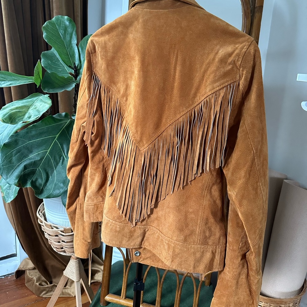 Blank NYC tan leather suede fringe jacket